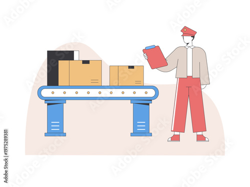 A post office worker or logistics employee managing packages on a conveyor belt system. Tariff illustrations. Flat vector concepts.