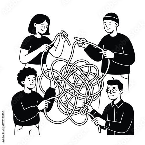 Teamwork untangling a knot vector art.
