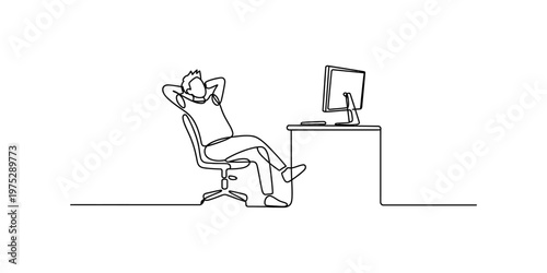 A single continuous line drawing of a relaxed office worker leaning back in his desk chair today. Vector, illustration