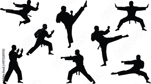 Martial arts silhouettes dynamic poses in black and white on white background for sports and action graphics
