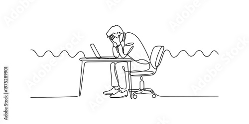 A single continuous line drawing of a stressed person sitting at a desk working on a laptop computer Vector, illustration