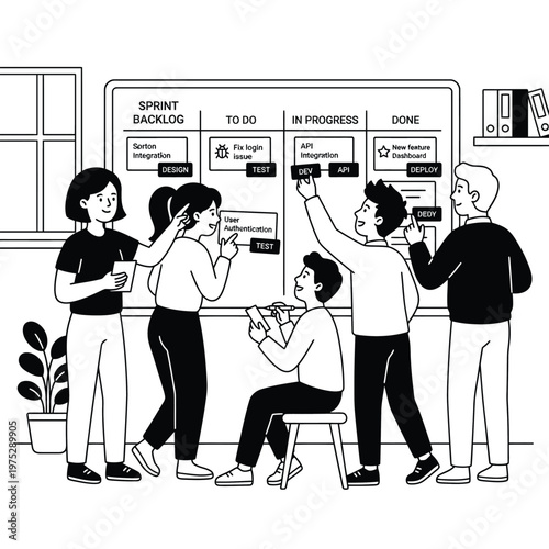 Vector team collaborates on kanban board tasks.