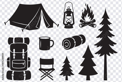 Camping icons set with tent trees fire and outdoor gear on transparent background