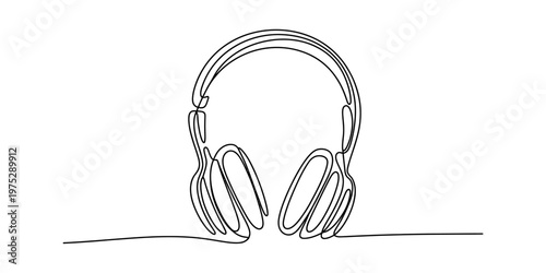 Minimalist continuous line drawing of professional over ear stereo headphones on white background Vector, illustration
