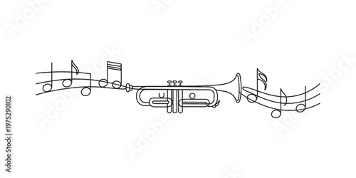 A minimalist black line art illustration of a trumpet seamlessly integrated with musical notes. Vector, illustration