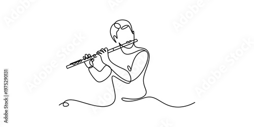 Continuous single line drawing of a person playing the flute in a simple minimalist style design Vector, illustration