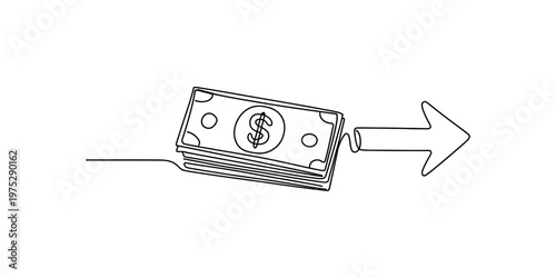 Continuous line drawing of a stack of dollar bills with an arrow pointing to the right side Vector, illustration