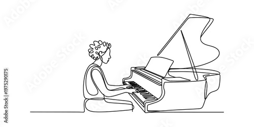 A minimalist single continuous line drawing of a person playing a grand piano on white background Vector, illustration