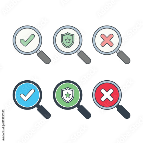 Magnifying Glass Validation Icon Set Check Mark, Cross and Security Shield Search Symbols Flat Vector