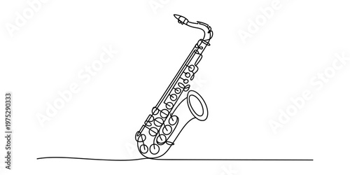 A continuous line drawing of a saxophone instrument set against a simple plain white background Vector, illustration