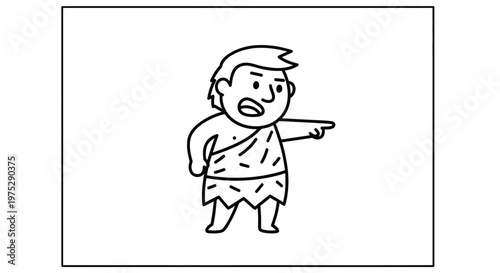 Caveman pointing finger, angry expression, prehistoric man in animal skin, primitive lifestyle