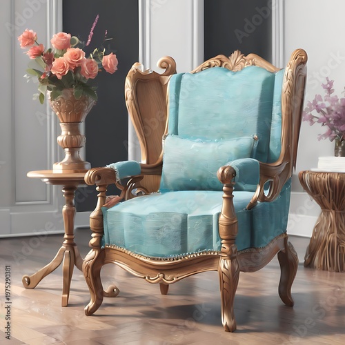 Luxurious Blue Armchair with Ornate Gold Frame.