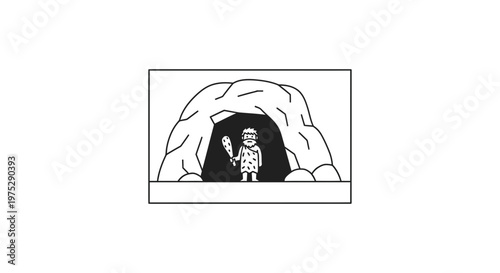 Caveman Standing Outside Cave Entrance Holding Club, Prehistoric Life Illustration