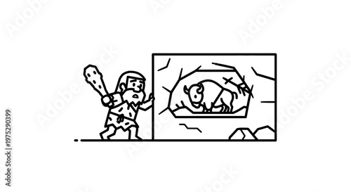 Caveman with Club Discovers Bison in Cave Illustration