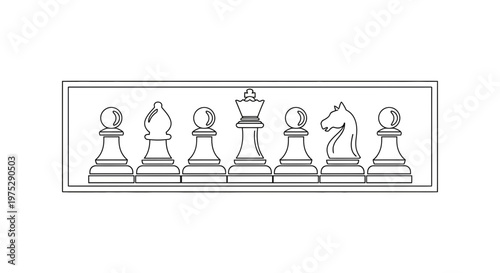 Chess Pieces Silhouette in a Row: King, Queen, Bishop, Knight, Pawn