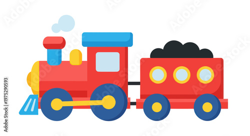 Colorful toy steam train with coal car, isolated on white background, cartoon style