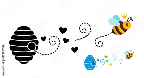 Cute Bee Flying to Beehive with Hearts and Swirls