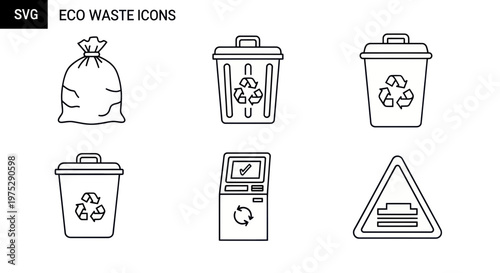 Eco Waste Icons: Recycling Bins, Trash Bag, Sorting Machine, Sign