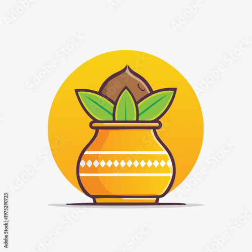 Auspicious traditional pot with coconut and leaves, symbolizing prosperity and new beginnings.