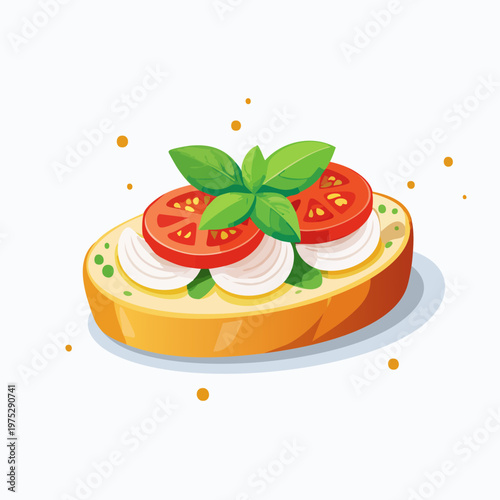Delicious bruschetta illustration with fresh tomatoes, mozzarella, and basil on toasted bread.