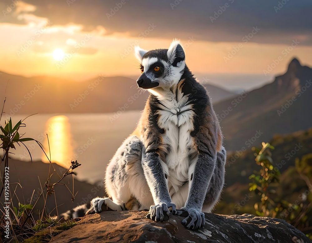 Fototapeta premium A ring-tailed lemur sits atop a rocky outcropping, gazing out at the golden sunset over an ocean horizon. Mountain silhouettes rise in background