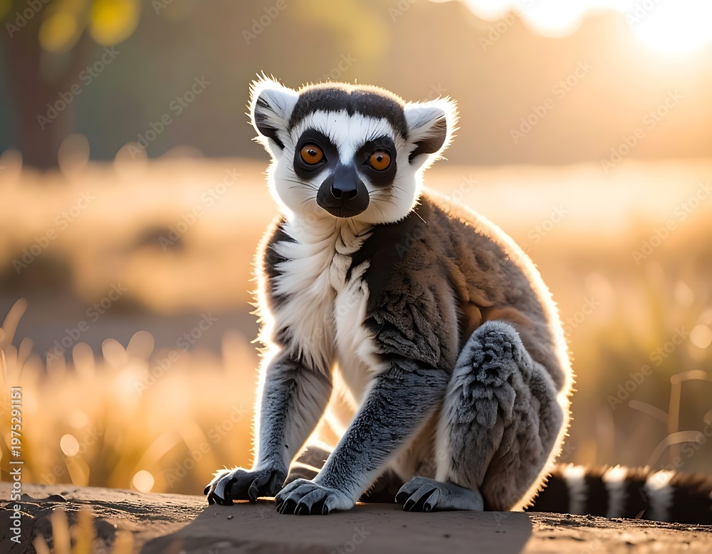 Fototapeta premium A ring-tailed primate sits perched with intent gaze, illuminated by golden sunlight against a blurred, warm background