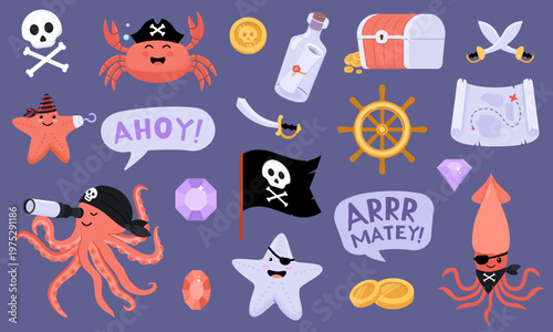 Cute pirate themed vector illustration set with octopus crab starfish treasure chest skull crossbones flag ship wheel coins sword gem bottle map isolated on purple background