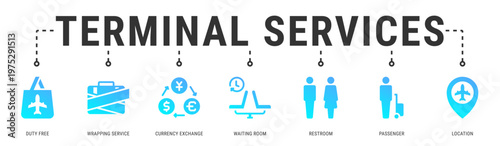 Terminal Services web banner icon vector illustration with Duty Free, Wrapping Service, Currency Exchange, Waiting Room and Restroom