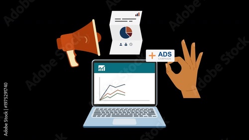Motion graphic of digital marketing ads campaign with laptop data chart and megaphone