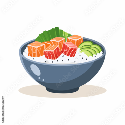 Delicious and healthy poke bowl illustration featuring fresh fish, avocado, and green vegetables on rice.