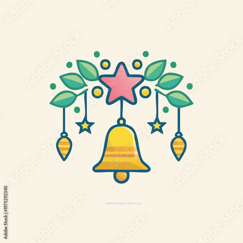 Colorful illustration of a festive bell and star decoration with green leaves and small ornaments.