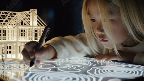 Young Child Sketching Illuminated Floor Drawing With House Model.