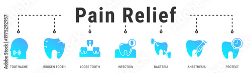 Pain Relief web banner icon vector illustration with Toothache, Broken Tooth, Loose Tooth, Infection, Bacteria, Anesthesia, and Protect