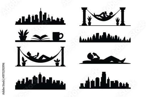 Leisure and urban skyline silhouettes with relaxation silhouette illustration