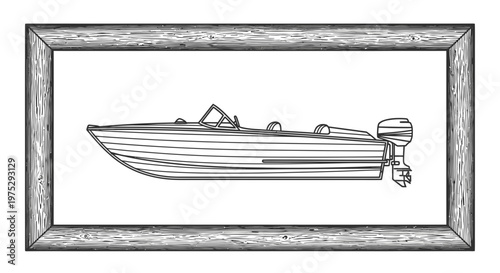 Vintage Speedboat Line Drawing in Wooden Frame