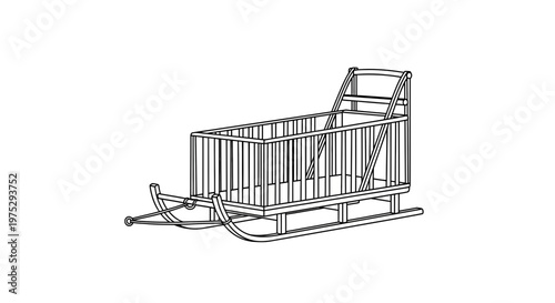 Vintage Wooden Sled, Antique Toboggan for Snow, Retro Winter Transport Illustration