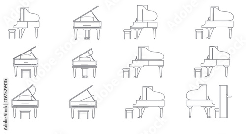 Grand Piano Line Art Collection: Elegant Musical Instruments in Various Poses