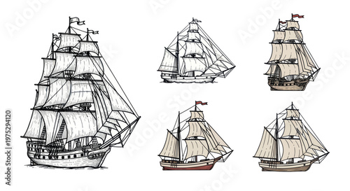 Vintage Sailing Ships Collection: Artistic Hand-Drawn Illustrations