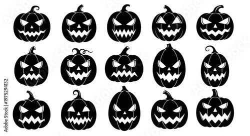 Halloween Jack O Lantern Silhouettes Collection, Spooky Carved Pumpkins Set