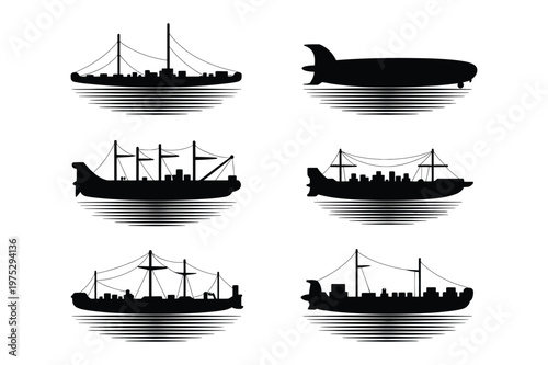 Silhouette collection of vintage and modern boats and airship with zeppelin