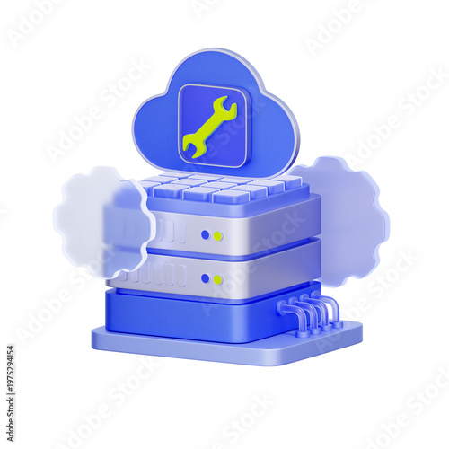 Obraz na płótnie 3D illustration of server rack with cloud and wrench for system maintenance, server repair, troubleshooting, infrastructure setup, and backend configuration