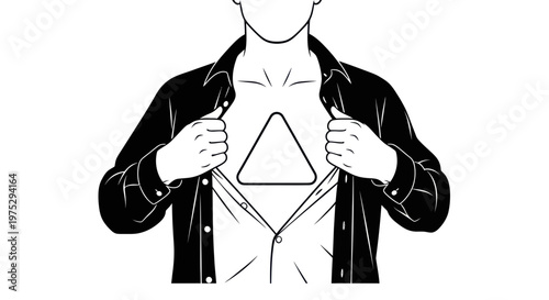 Foto Man reveals triangle symbol on chest, superhero pose, graphic illustration