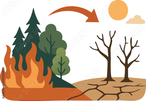 Forest fire turning into drought landscape climate change concept illustration