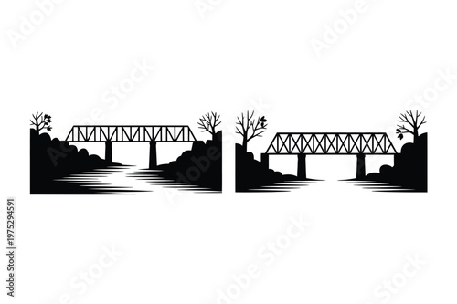 Silhouette of railway bridges over a river and landscape with transport