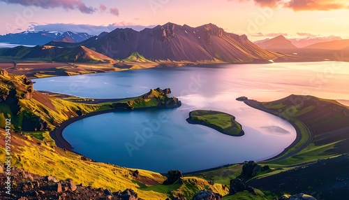 A scenic panoramic vista showcases a serene lake nestled within rolling green hills, mountains, and a vibrant sky bathed in sunset hues