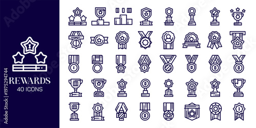 Reward and Loyalty Icon Set with Trophy, Badge, Coupon, Medal and Achievement Symbols Vector Collection