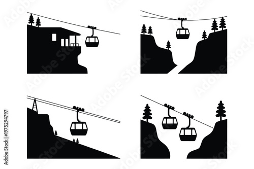 Gondola lift cable car scenes in mountainous landscapes with transport, mountain