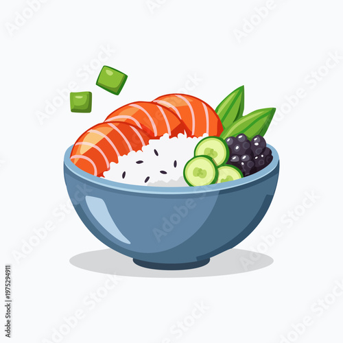 A colorful illustration of a fresh and healthy poke bowl with salmon, rice, cucumber, and berries.