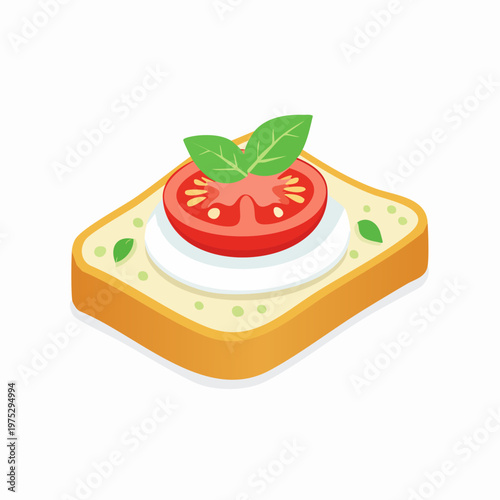 Isometric illustration of a delicious bruschetta with tomato, mozzarella, and basil on toasted bread