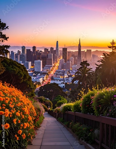 A scenic photograph captures a cityscape framed by lush greenery. The image features a path leading toward a skyline bathed in golden hour light